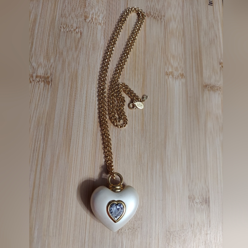 Joan River's Frosted Gold Tone/Pearl White Enamel Faceted Crystal Heart Pendant